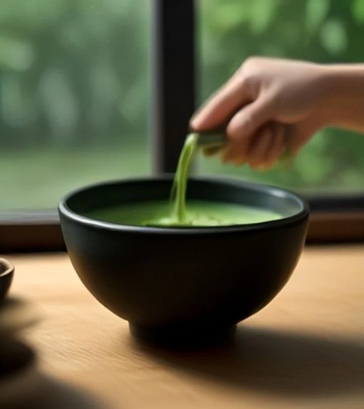 Hands whisking frothy matcha with a bamboo chasen in a black ceramic bowl